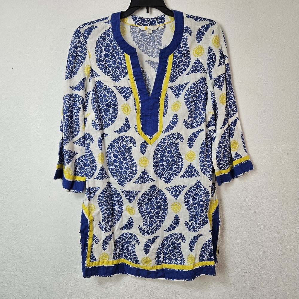 Boden Cleo Kaftan Linen Top Tunic mandala print blue/ yellow size USA 4 R